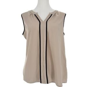 Calvin Klein Sleeveless Blouse Women Small Beige Black Trim V-Neck Work Top